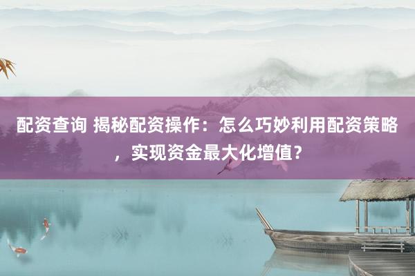 配资查询 揭秘配资操作：怎么巧妙利用配资策略，实现资金最大化增值？